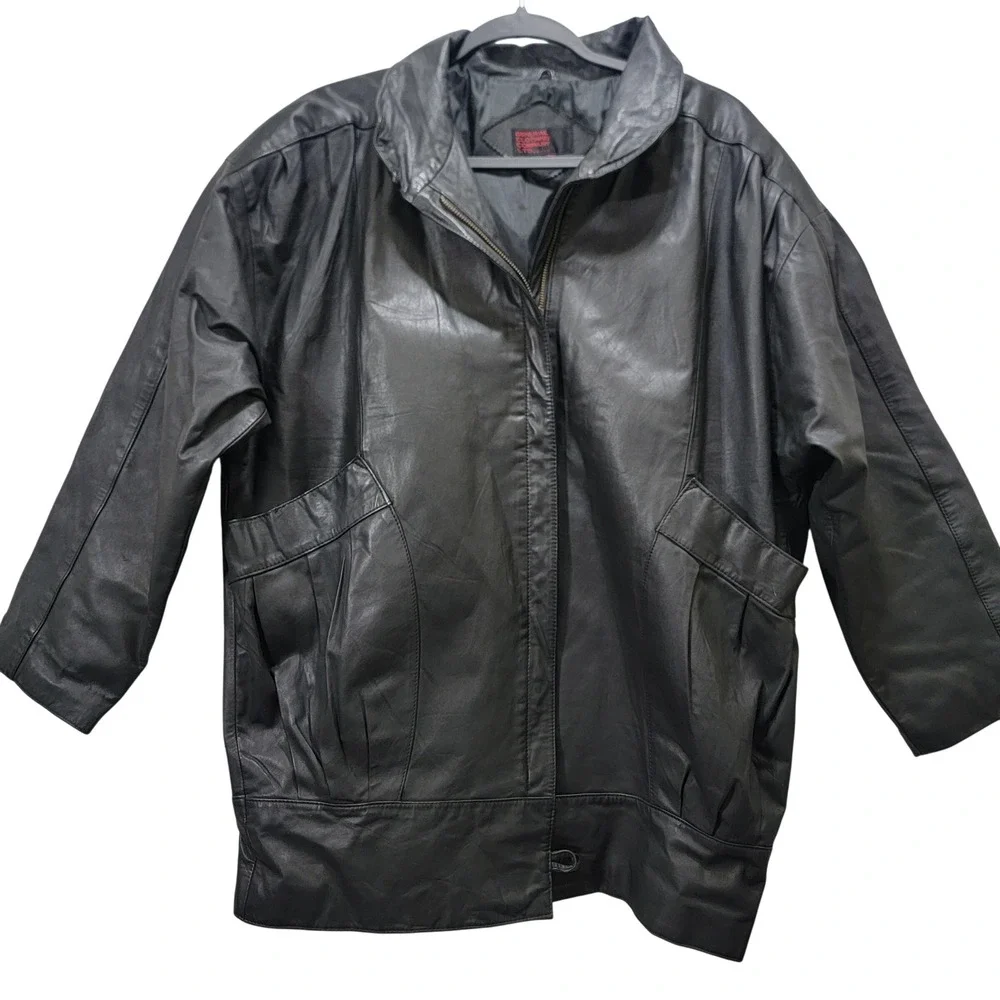 Vtg General Clothing Company Black Genuine Leather Mens Jacket‎ MD Quarter L/S
